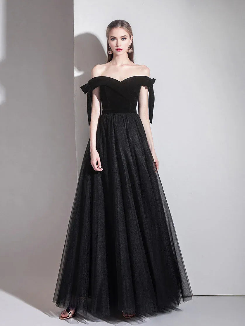 Wholesale Simple black off shoulder tulle long prom dress black evening dress gowns evening dresses